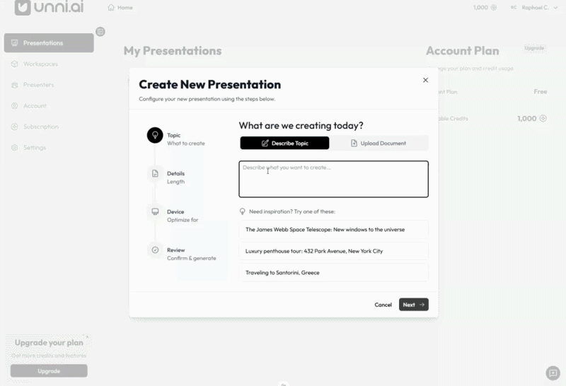 Unni platform demo — go from idea to polished course in minutes