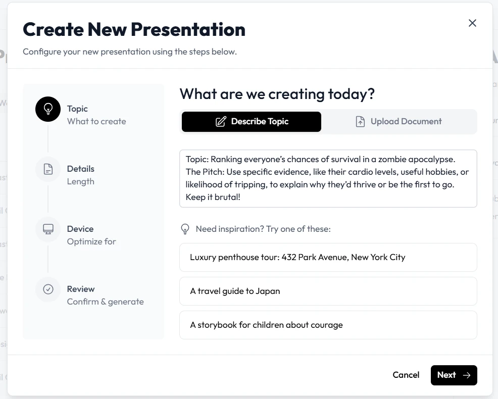 Entering a creative prompt into the Unni.ai AI presentation generator for a social event.
