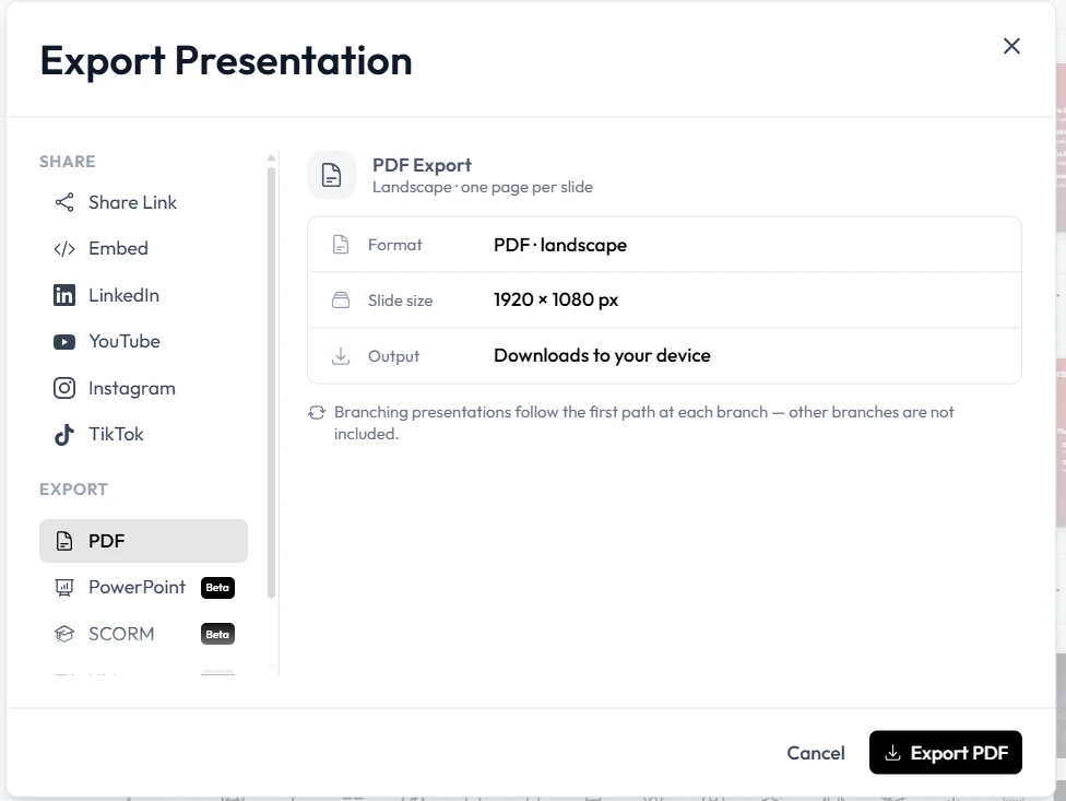 Export menu of an AI presentation generator showing SCORM and video options for certification training automation